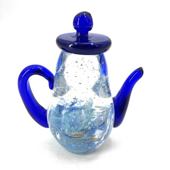 Dynasty Gallery Cobalt to Clear Blown Art Glass Teapot Paperweight 6” - Picture 1 of 6